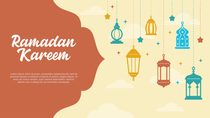 Ramadan kareem background with hanging lanterns and islamic ornaments.
