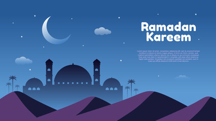 Ramadan kareem background with big mosque, moon and mountain at night,