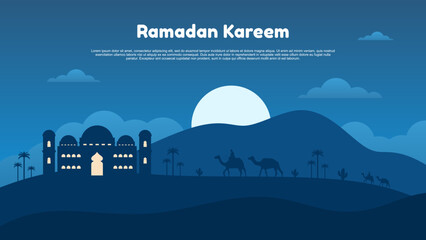 Ramadan kareem background with mosque, moon, mountain and people on camel at night,