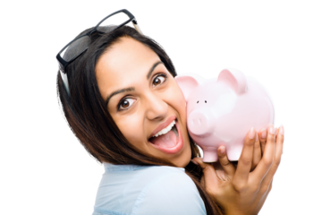 A trendy young business woman or a finance consultant or a insurance agent posing by holding a piggy bank near her face with a sign of profit or saving money isolated on a png background.