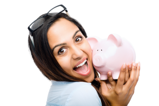 A trendy young business woman or a finance consultant or a insurance agent posing by holding a piggy bank near her face with a sign of profit or saving money isolated on a png background.