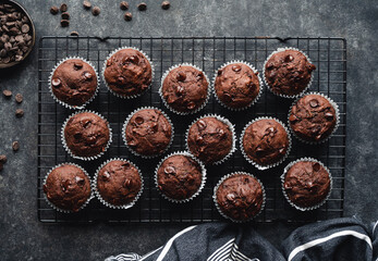 Overhead of rack of chocolate zucchini muffins on black background.