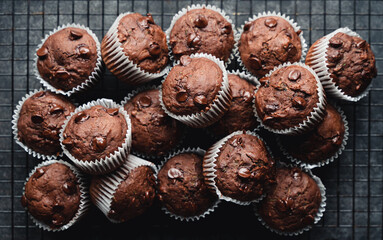 Close up of  many chocolate chip zucchini muffins on black background.