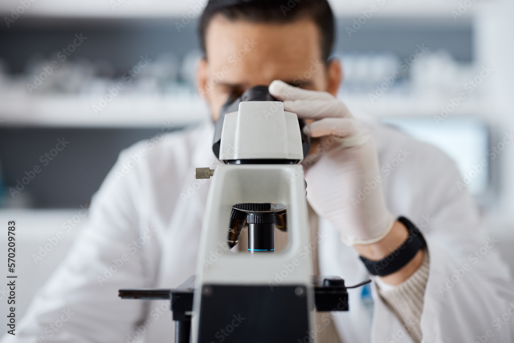 Poster Medical, microscope and research with a man scientist at work in a laboratory for innovation or development. Science, analytics and biotechnology with a male doctor working in a lab for breakthrough