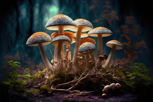 Mushrooms Growing On The Forest Floor. Generative Ai Composite