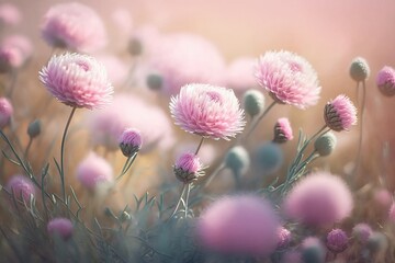 Pink flowers in the meadow swaying with the light breeze. Generative ai composite