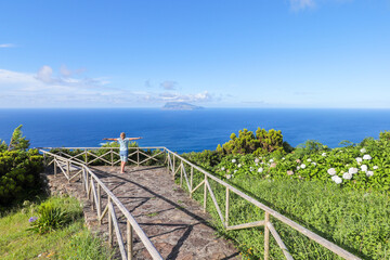 Fototapeta na wymiar Beautiful Viewpoint on the fairy tale island of Flores Island, Azores, Portugal, Europe