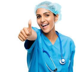 Close up of a happy young female medical intern in doctor's uniform giving a thums up towards the camera isolated on a png background.