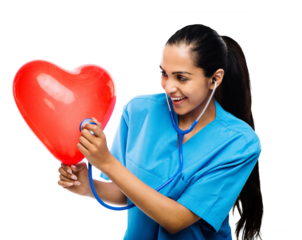 A happy female cardiologist listening to a red heart shape balloon with a stethoscope isolated on a png background.