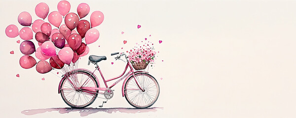 Watercolor bicycle with many pink cute heart shape balloons illustration banner, Valentine and love graphic resource. Space for copy. Generative AI