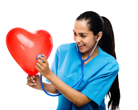 A happy female cardiologist listening to a red heart shape balloon with a stethoscope isolated on a png background. - Powered by Adobe