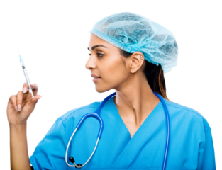 A skilled female doctor or a nurse in a surgical cap preparing a syringe for a vaccination or a insulin shot isolated on a png background.