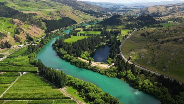 Aerial circling stunning landscape, turquoise waters in Pinders pond area