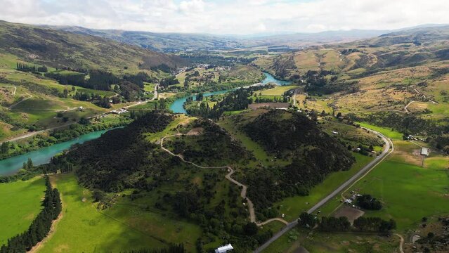 Stunning landscape with turquoise river in Pinders pond area. Aerial forward