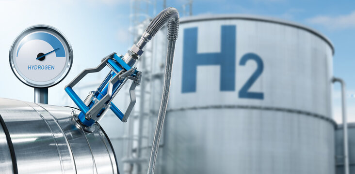Hydrogen gauge and nozzle on a background of gas tanks. Green hydrogen production concept