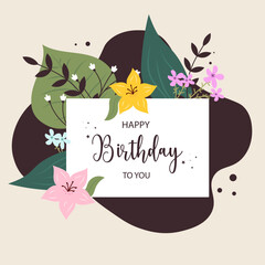 Happy birthday greeting card with flowers on a bright pink background in flat style.