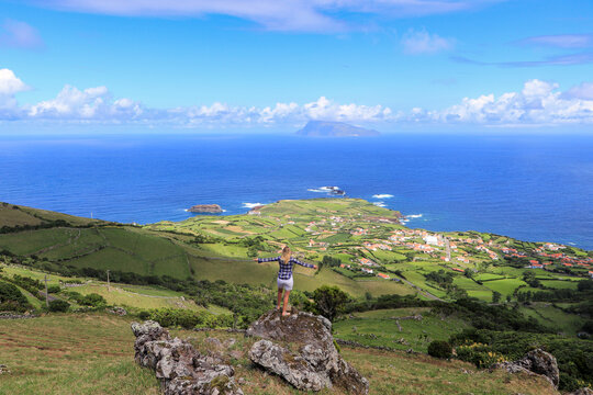 View of Ponta Delgada on the island of Flores in the Azores.
In the background the neighbor island Corvo