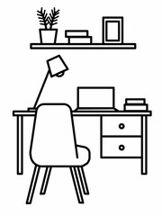 ワークスペースをイメージしたインテリアのイラスト　線画のみ