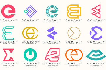 Abstract logos mega collection with letters E. Geometrical abstract logos