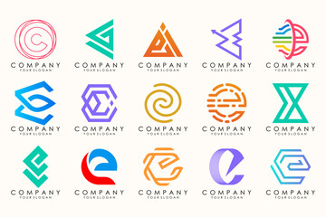 Abstract logos mega collection with letters E. Geometrical abstract logos