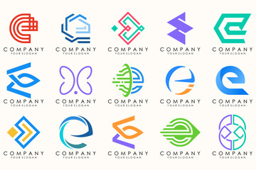 Abstract logos mega collection with letters E. Geometrical abstract logos