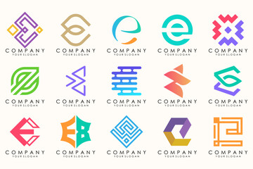 Abstract logos mega collection with letters E. Geometrical abstract logos