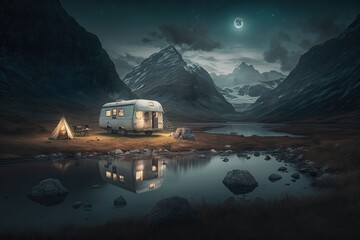 A camper van parked by a serene lake with scenic mountain views  under a moon lit sky. Generative ai composite.