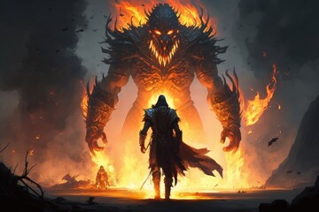 Warrior stands and faces the flame breathing monster. Illustration paintings, myth and legend creatures, and monster stories. Generative AI