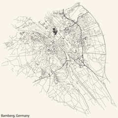 Detailed navigation black lines urban street roads map of the German town of BAMBERG, GERMANY on vintage beige background