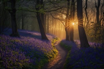 A path leading up to the sunrise in a bluebell forest. Generative ai composite.