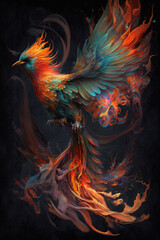 Colorful abstract bird of paradise on a black background. Image created with Generative AI technology.