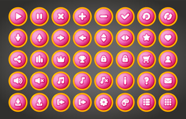 Colorful round UI game buttons in cartoon style. Vector game user interface buttons for 2d video application.
