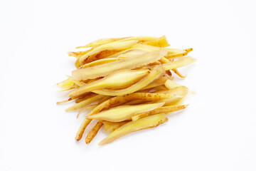 Sliced fingerroot on white background.
