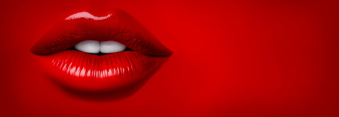 Obraz premium Red lips on a red background. Plastic surgery, fillers, injections. Cosmetics, lipstick. makeup. Free space for your text. AI
