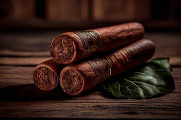 Handmade cuban cigars on a rustic wooden table. Ai generative. - obrazy, fototapety, plakaty