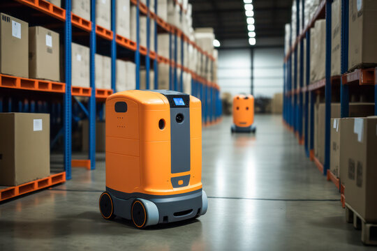 Modern warehouse with robots. Generative AI.