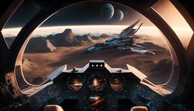 Combat aircraft view of the cookpit, generative ai