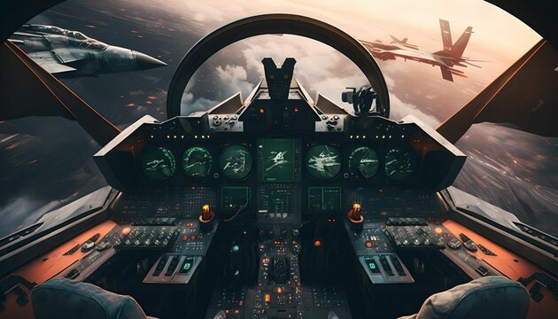 Combat aircraft view of the cookpit, generative ai