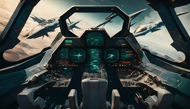 Combat aircraft view of the cookpit, generative ai
