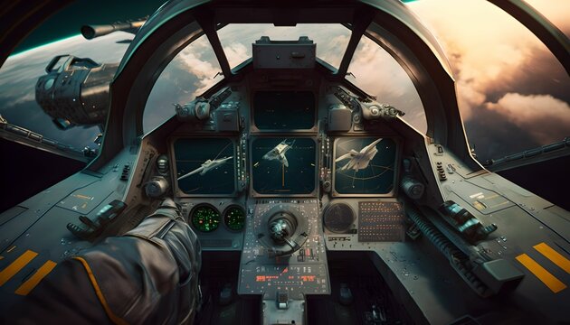 Combat aircraft view of the cookpit, generative ai