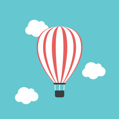 Obraz premium Hot air balloon in turquoise blue sky. Freedom, travel, flight, adventure, exploration, creativity, lightness and summer concept. Flat design. EPS 8 vector illustration, no transparency, no gradients