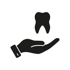 Dental Care Silhouette Icon. Stomatology Protection Glyph Pictogram. Dental Treatment Solid Sign. Dentistry Symbol. Tooth and Human Hand Dentist Support Concept. Isolated Vector Illustration