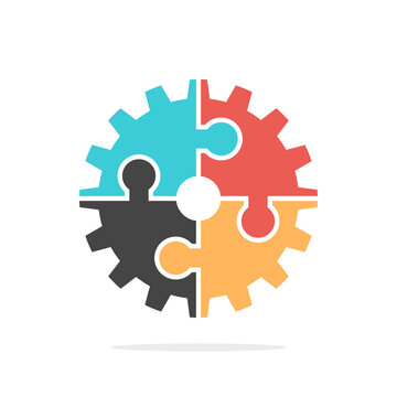 Cog wheel of four different multicolor puzzle pieces. Diversity, teamwork, partnership, business cooperation and industry concept. Flat design. EPS 8 vector illustration, no transparency, no gradients