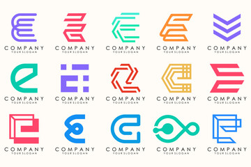 Abstract logos mega collection with letters E. Geometrical abstract logos