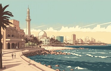 Fototapeta na wymiar Red Sea Coast, Jeddah Corniche, and Waterfront Mosque. Generative AI