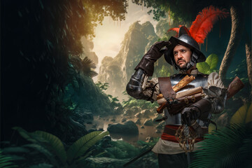 Naklejka premium Art of brave conquistador from past with plate armor in tropical jungle of island.