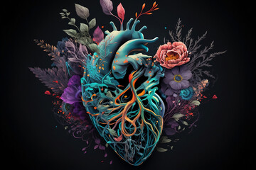 Human heart with flowers, love and emotion concept, good hearted person, help and charity