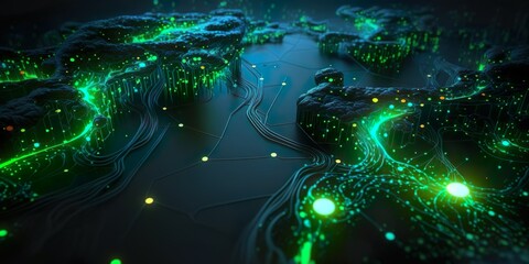 Electronic Big Data Network connecting millions of Digital Nodes. Artificial intelligence, Cyberspace and neural network. Digital Art Illustration.	