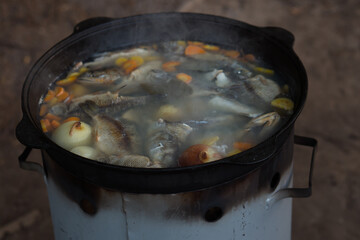 Cooking fish soup in cauldron on campfire outdoors - camp food