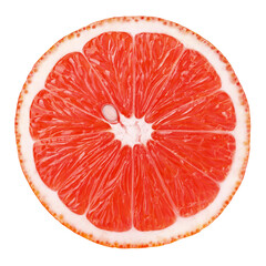 Top view of textured ripe slice of pink grapefruit citrus fruit isolated on transparent transparent